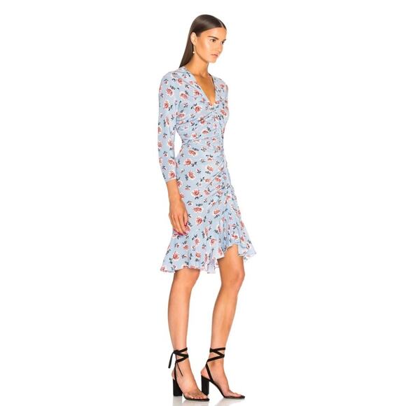 Veronica Beard Rowe 100% Silk Blue Floral Ruched V-Neck Mini Dress Size 2 - Picture 2 of 10